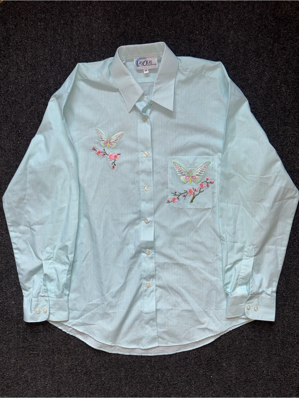 Vtg Retro 80s Las Olas Striped Butterfly Floral Embroidered Button Shirt Sz M